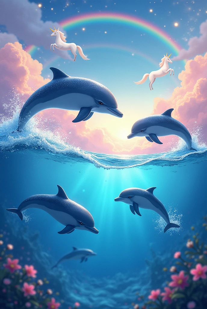 Dolphins swimming in ocean with rainbows and stars and glitter and unicorns in the sky and more unicorns