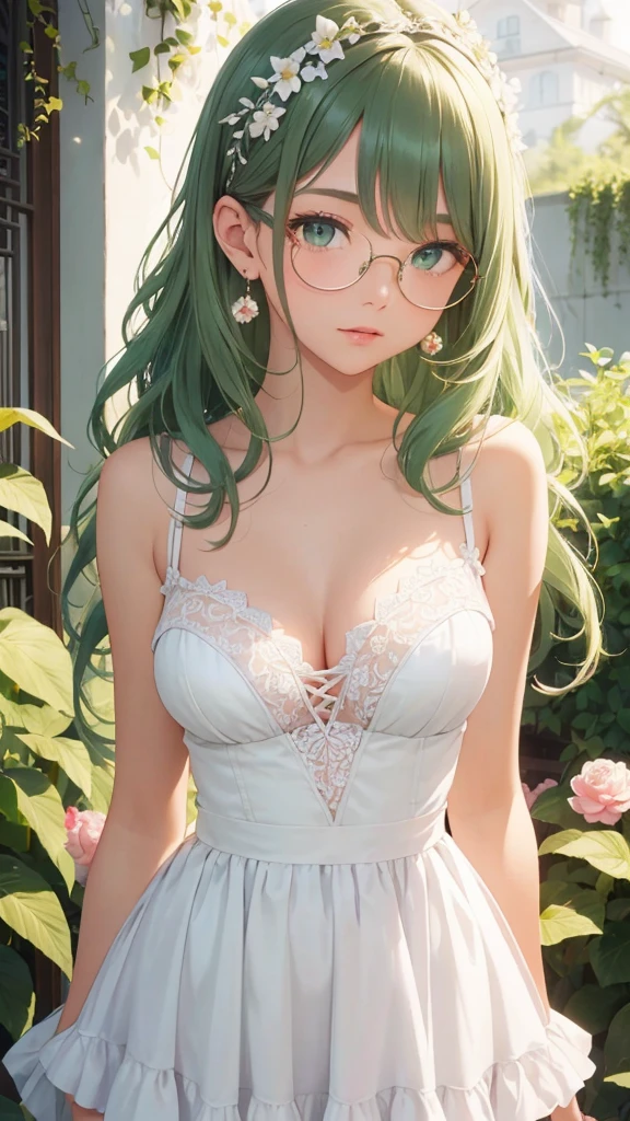masterpiece, best quality, high quality, beautiful woman, 1 woman, 2, ((green wavy medium hair: 1.2))), green hair, green eyes, ((wear round glasses)), medium breasts, shiny skin, light smile, cowboy shot,BREAK
//Fashions
Romantic Camellia-Inspired Dress
This look revolves around a romantic, camellia-inspired dress in soft pastel pink or white, The dress features delicate, camellia flower appliqués scattered across a flowing, A-line silhouette, The bodice is fitted with a sweetheart neckline, adorned with intricate lace detailing, and thin spaghetti straps,
BREAK
The skirt cascades in layers of lightweight chiffon or tulle, giving it a dreamy, ethereal quality, Pair this with dainty pearl earrings, a simple gold bracelet, and strappy nude heels, For hair, opt for loose waves adorned with a camellia flower hairpin, creating a look that’s perfect for garden parties, weddings, or romantic dates,
BREAK