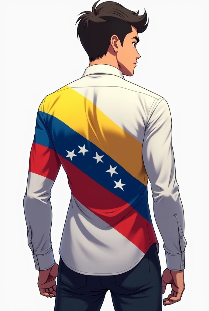 Animated back design of a white long sleeve dress shirt, that has on one sleeve of the shirt from the shoulder to the wrist the flag of Venezuela in a yellow diagonal triangle, blue and red, drawn with its 7 legible and extended white stars