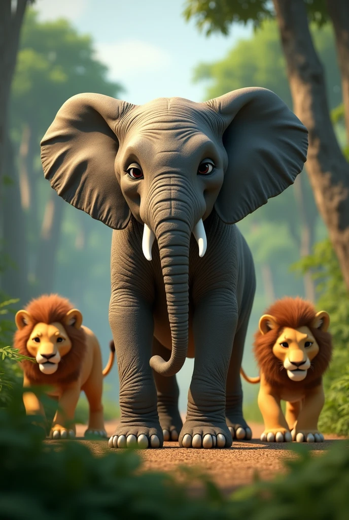 In3d animation a young elephant. The lions backing away into the bushes, defeated by Tara’s protective stance. Tara relaxes slightly, showing relief as the threat disappears back into the jungle.