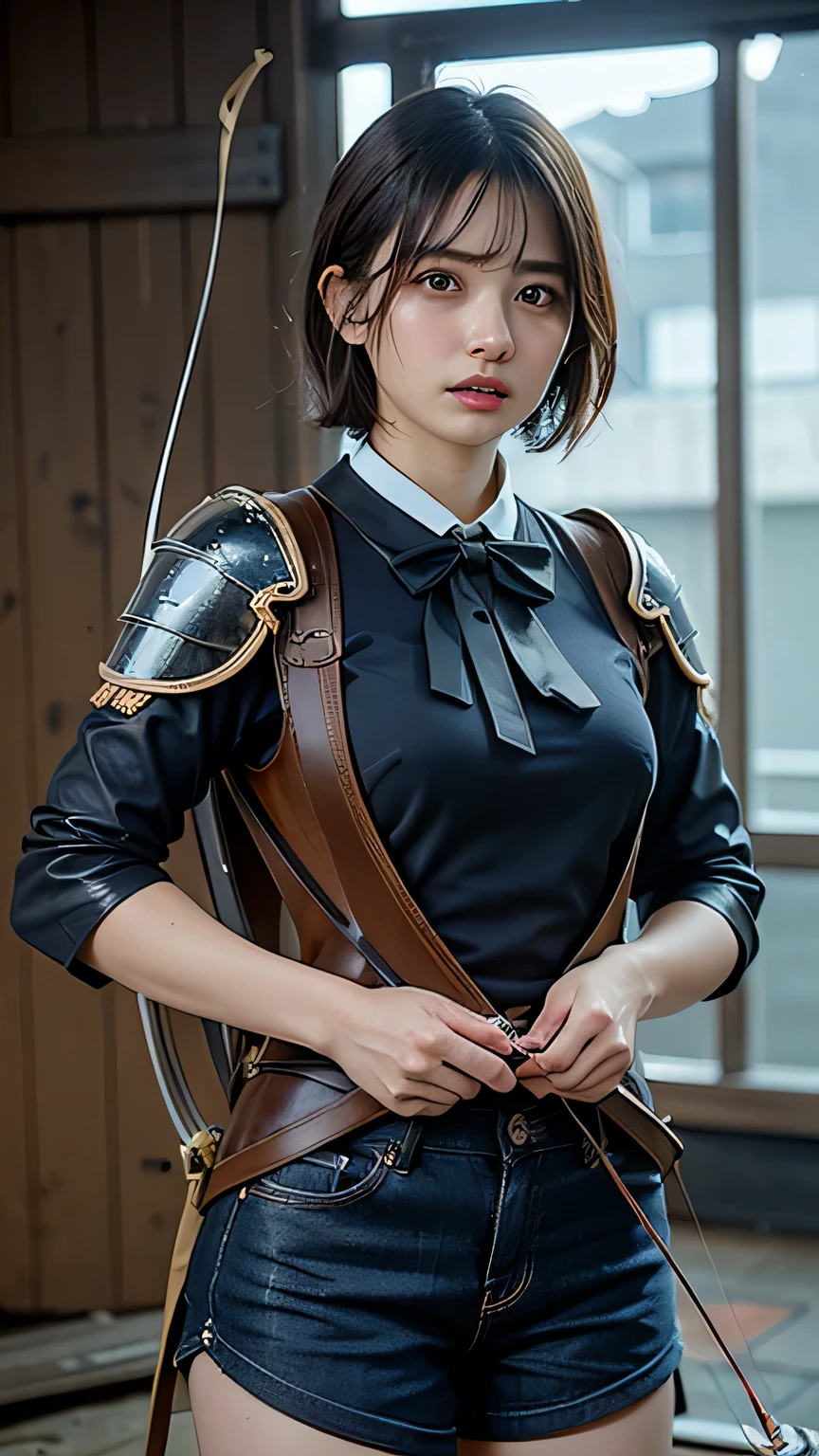 8k,A female adventurer from another world,so beautiful(Like the real thing),((Girl in leather armor:1.4))、Brown Hair,blue eyes,((Woman shooting a bow:1.5))、((Short-haired woman shooting with a stone crossbow:1.4))、A woman with brown combat trousers,Dagger on hip,Walking in mountainous areas,Perfect Face,Perfect hand shape,charm,Volume measurement,Body balance,超High resolution,super Realistic skin,Digital single-lens reflex camera, Soft lighting, high quality, Highly detailed face, Highly detailed eyes, highly detailed skin, skin, Scattered beneath the surface of the water, Highly detailed face, Highly detailed eyes, Beautiful expression, lip, Detailed Background, Written boundary depth, Small breasts、Volumetric lighting, Sharp focus, Absurd, Realistic proportions, Excellent anatomy, (Realistic, 超Realistic:1.4), 16k hdr, dawn,High resolution,super Realistic skin,super Beautiful expression,Fantasy art,Character Art,Dynamic pose,Compensate,Brown cloak,Carrying large luggage on your back,