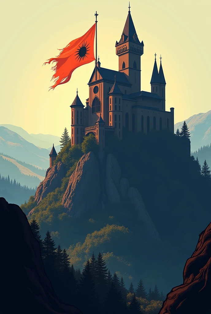 Create 2D artwork and drawing style, Make a medieval castle, he has a wall, he has a flag with the silhouette of a sun printed on it, hight contrast, Two-tone lighting