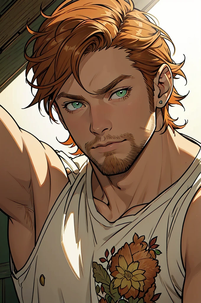 (masterpiece),(Very detailed),(Very detailed),(best quality), perfect lighting, man, rugbyman ((short messy ginger hair)), tall, stunning, beautifull face, green eyes, tanktop, animated style, perfect face, highest detail, stubble, detailed face, intricate details, expresionless