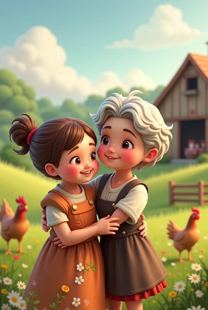 a chubby young girl, next to a grandmother on the farm 
 