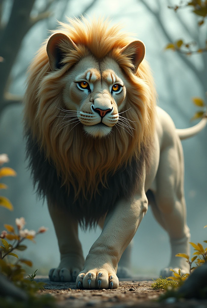 Create an image with a lion's body and a Persian cat's head