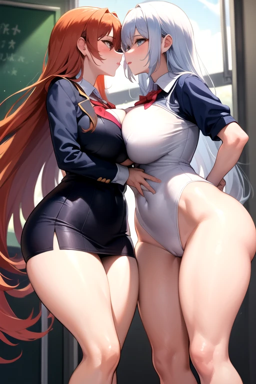 Lesbian (very long loose yellow hair)(big breasts, big thighs)(with school uniform clothes it is very tight) that he is kissing at school with his girlfriend,(big breasts, big thighs)lesbian love