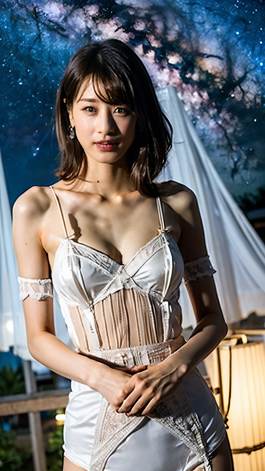 ((Tabletop:1.4, Highest quality)), (Realistic photos:1.4), ((1 person)), Shiny black hair, (超High resolution:1.2), Very delicate and beautiful, wonderful, Very detailedな CG Unity 8K 壁紙, Very detailed, High resolution, Soft Light, Beautiful details, Very detailed目と顔, Beautiful and detailed nose, Beautiful and detailed, (White silk garter belt:1.4), Cinema Lighting, Perfect Anatomy, Slender body, Hard chest, (Constructing the Night Sky), (Stars in the sky:1.4), (The beauty of the Milky Way:1.4), (A beautiful form with an inorganic feel), Cowboy Shot, legs protruding from the frame, Looking at the audience