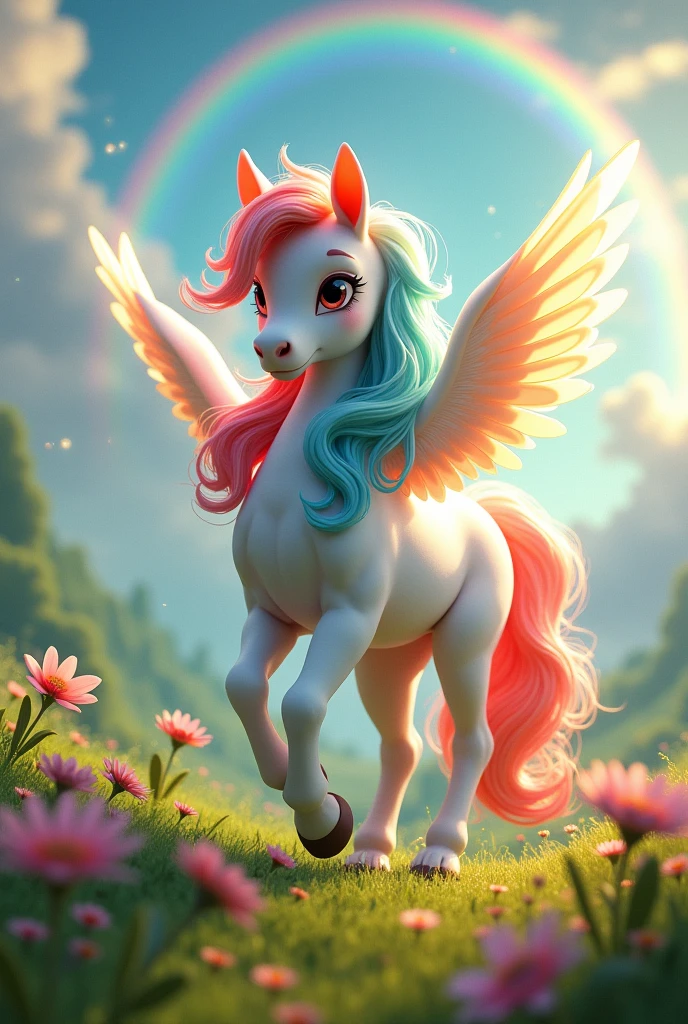 Pegasus pony with a mane of many colors in 3d, in a meadow with flowers and rainbows