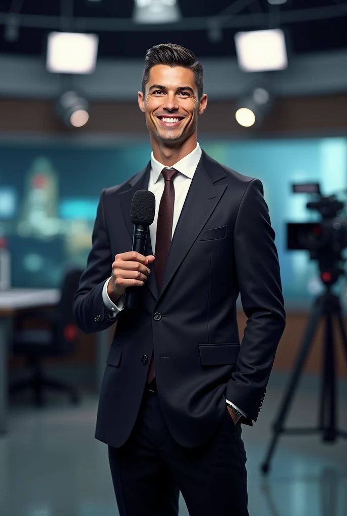 Generate an image of Cristiano Ronaldo in an elegant suit, referring to the fact that he is a news reporter and that he has a microphone in his hand and is smiling, make him as identical as possible to the original Cristiano Ronaldo.