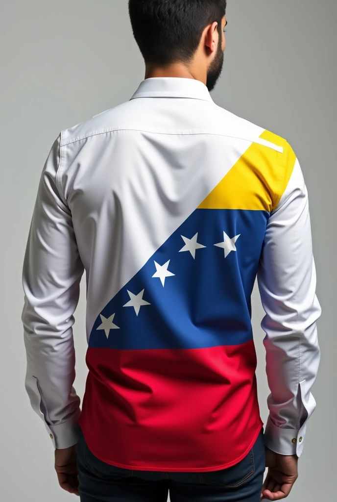 design of the back of a white long sleeve dress shirt, that has on one sleeve of the shirt from the shoulder to the wrist the flag of Venezuela in a yellow diagonal triangle, blue and red, drawn with its 7 legible and extended white stars