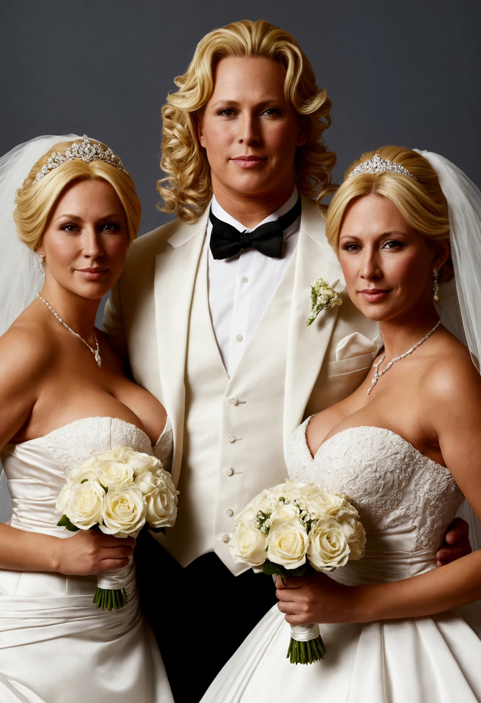 Realistic, one man, four wives with large breasts and blonde hair, wedding