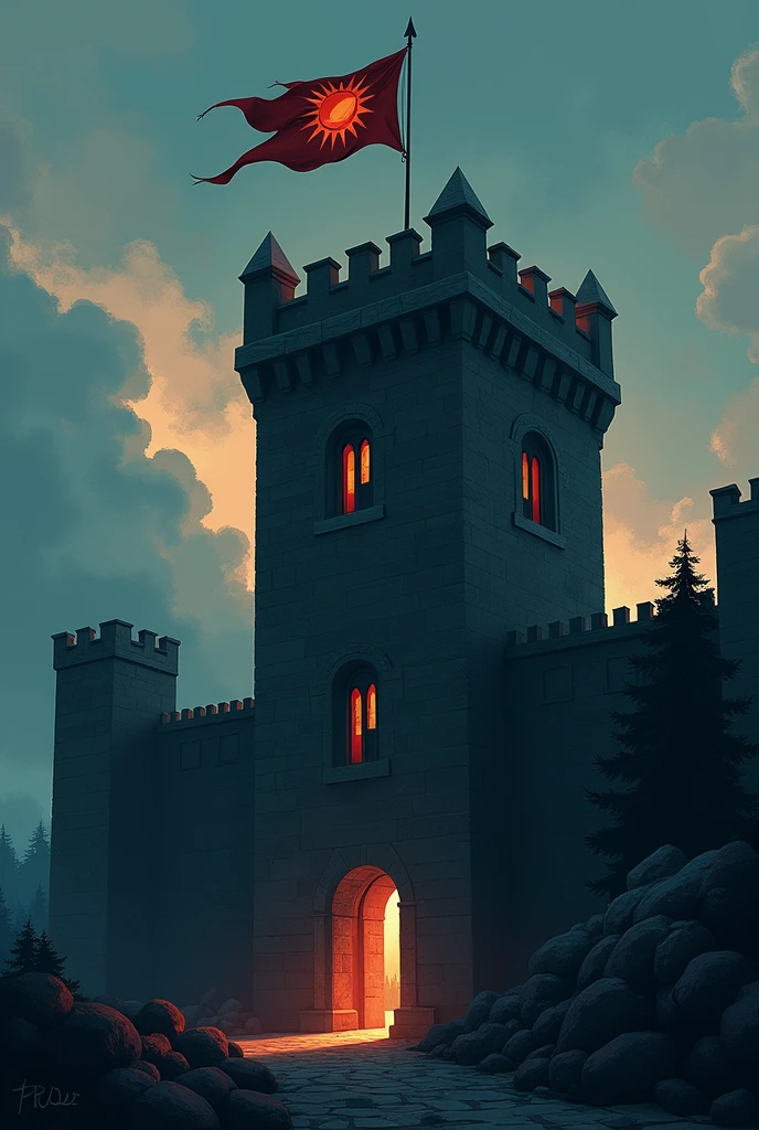 Create 2D artwork and drawing style, Make a medieval castle, he has a wall, he has a flag with the silhouette of a sun printed on it, hight contrast, two tone lighting small flag