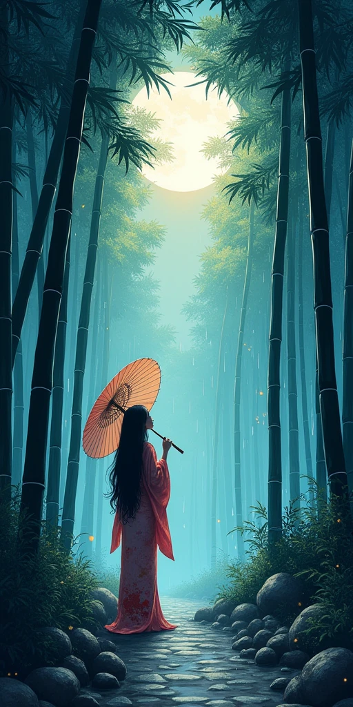 dynamic ink painting of a bamboo grove of japan, great art, great sense of depth, ground level shot, the most beautiful bamboo grove in the world, bamboo leaves shining through rainwater, moon\(pale blue\) with a light overcast, beautiful woman\(ancient Japanese noble, beautiful kimono, beautiful long black hair\) looking up at the moon holding an umbrella,raining softly, fireflies flying around, bamboo leaves are placed three-dimensionally in the foreground, long distance shot,limited color