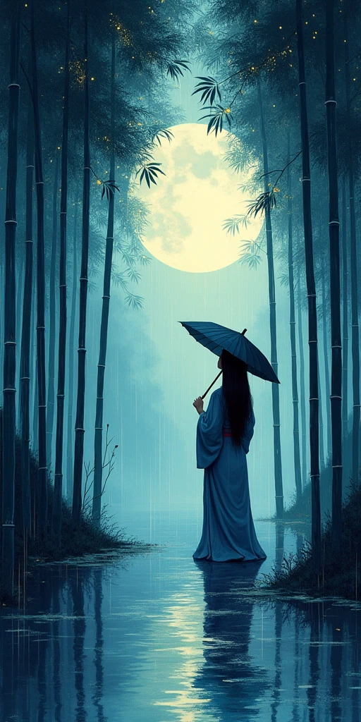 dynamic ink painting of a bamboo grove of japan, great art, great sense of depth, ground level shot, the most beautiful bamboo grove in the world, bamboo leaves shining through rainwater, moon\(pale blue\) with a light overcast, beautiful woman\(ancient Japanese noble, beautiful kimono, beautiful long black hair\) looking up at the moon holding an umbrella,raining softly, fireflies flying around, bamboo leaves are placed three-dimensionally in the foreground, long distance shot,limited color