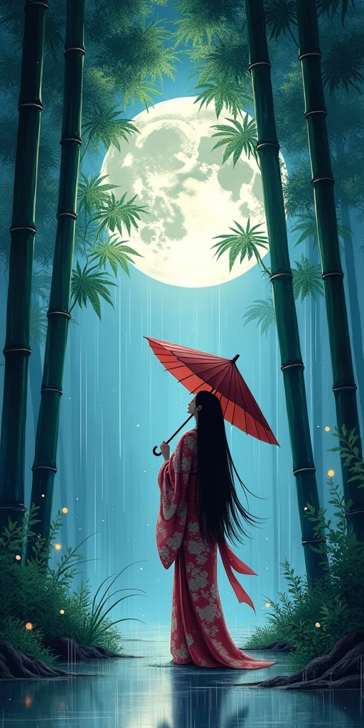 dynamic ink painting of a bamboo grove of japan, great art, great sense of depth, ground level shot, the most beautiful bamboo grove in the world, bamboo leaves shining through rainwater, moon\(pale blue\) with a light overcast, beautiful woman\(ancient Japanese noble, beautiful kimono, beautiful long black hair\) looking up at the moon holding an umbrella,raining softly, fireflies flying around, bamboo leaves are placed three-dimensionally in the foreground, long distance shot,limited color
