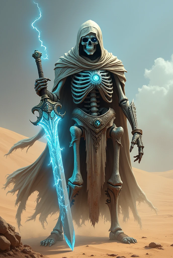 Make a skeleton warrior with possessed medium sword, bright blue eyes and desert appearance
