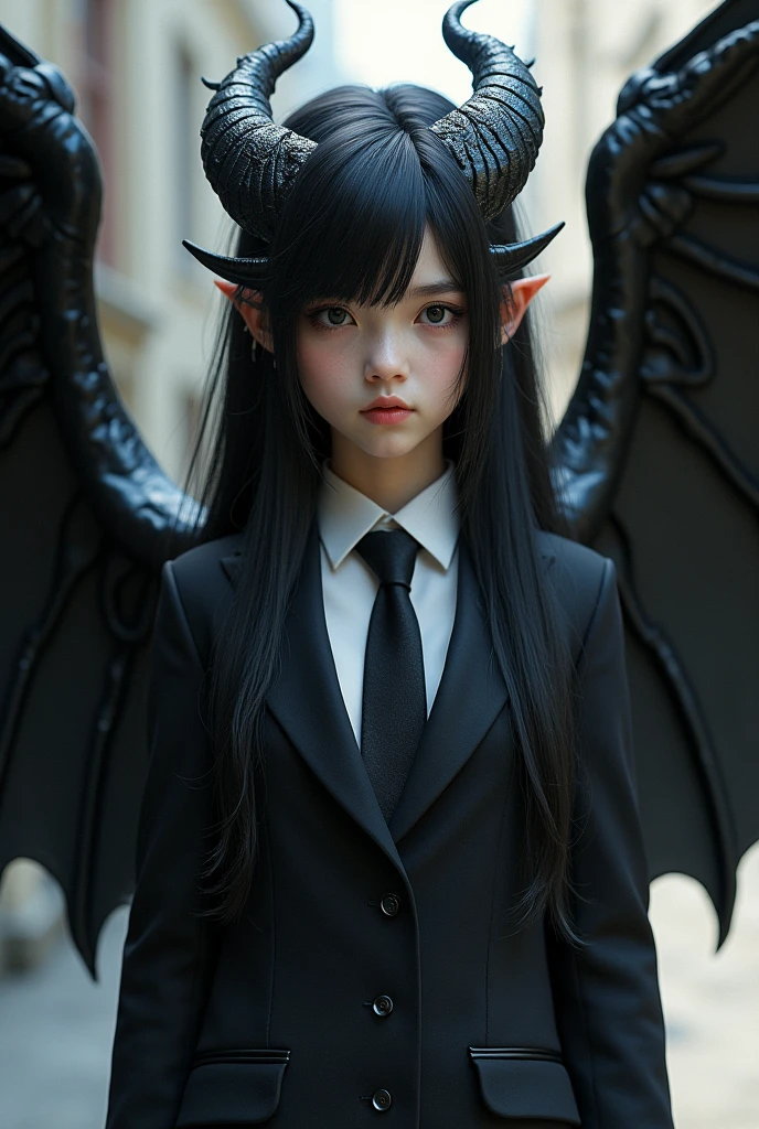 A girl who is half night fury with wings and half human and very cute with black eyes and black hair wearing an academy outfit