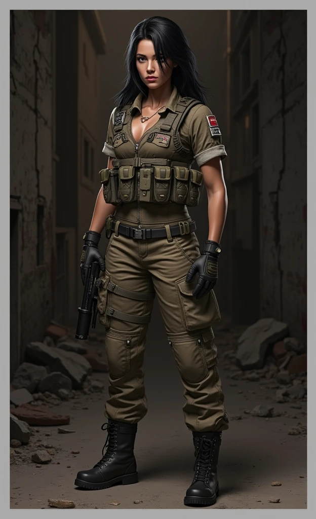 A black-haired American female soldier holding a pistol