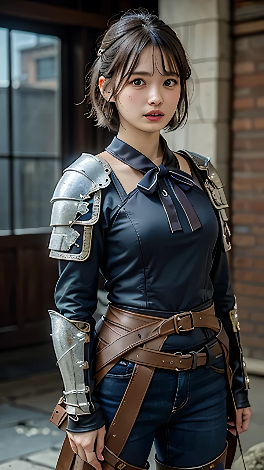8k,A female adventurer from another world,so beautiful(Like the real thing),((Girl in leather armor:1.4))、Brown Hair,blue eyes,((Woman shooting a bow:1.5))、((Short-haired woman shooting with a stone crossbow:1.4))、A woman with brown combat trousers,Dagger on hip,Walking in mountainous areas,Perfect Face,Perfect hand shape,charm,Volume measurement,Body balance,超High resolution,super Realistic skin,Digital single-lens reflex camera, Soft lighting, high quality, Highly detailed face, Highly detailed eyes, highly detailed skin, skin, Scattered beneath the surface of the water, Highly detailed face, Highly detailed eyes, Beautiful expression, lip, Detailed Background, Written boundary depth, Small breasts、Volumetric lighting, Sharp focus, Absurd, Realistic proportions, Excellent anatomy, (Realistic, 超Realistic:1.4), 16k hdr, dawn,High resolution,super Realistic skin,super Beautiful expression,Fantasy art,Character Art,Dynamic pose,Compensate,Brown cloak,Carrying large luggage on your back,