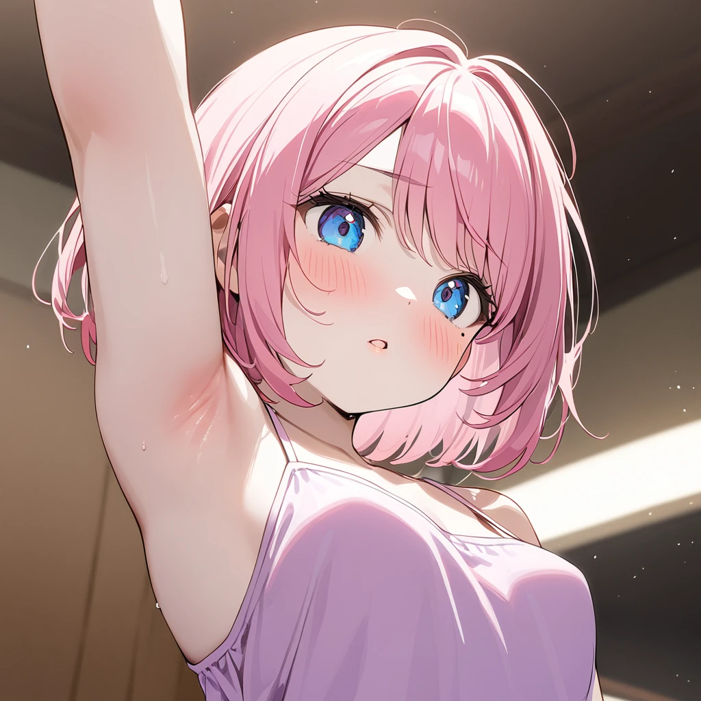 (1 girl),(Best Picture Quality, 8K, Masterpiece:1.3), (high school student:1.5), ((pink lob hair:1.1)), (bob cut),(swept bangs), (cute eyes, pupil black, iris skyblue, youthful face), (mole under right eye), (standard weight), (small breasts), (glistening skin:1.1),(pale skin:1.2),((showing armpits)),((pink camisole),(flustered), white background,(from below:1.3).