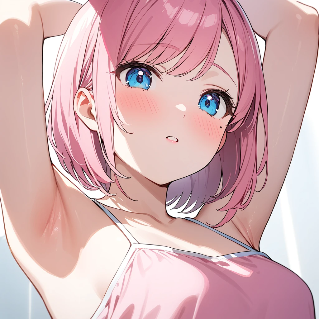 (1 girl),(Best Picture Quality, 8K, Masterpiece:1.3), (high student:1.5), ((pink lob hair:1.1)), (bob cut),(swept bangs), (cute eyes, pupil black, iris skyblue, youthful face), (mole under right eye), (standard weight), (small breasts), (glistening skin:1.1),(pale skin:1.2),((showing armpits)),((pink camisole),(flustered), white background,(from below:1.3).