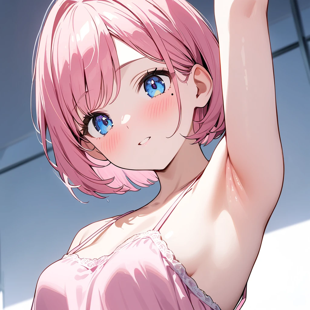 (1 girl),(Best Picture Quality, 8K, Masterpiece:1.3), (high student:1.5), ((pink lob hair:1.1)), (bob cut),(swept bangs), (cute eyes, pupil black, iris skyblue, youthful face), (mole under right eye), (standard weight), (small breasts), (glistening skin:1.1),(pale skin:1.2),((showing armpits)),((pink camisole),(flustered), white background,(from below:1.3).