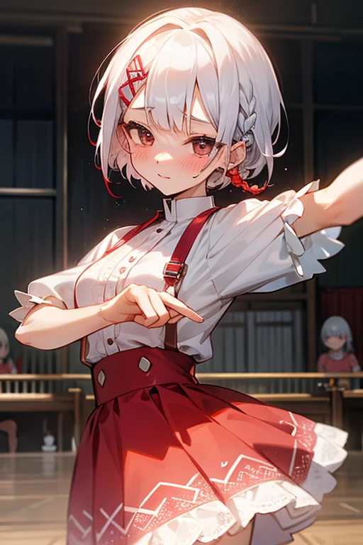 Short white hair, blush, Training camp、Punk Fashion、Headbang 2.、White and red clothes、Braiding、2 hair clips、Lace dress、(dance hall)、