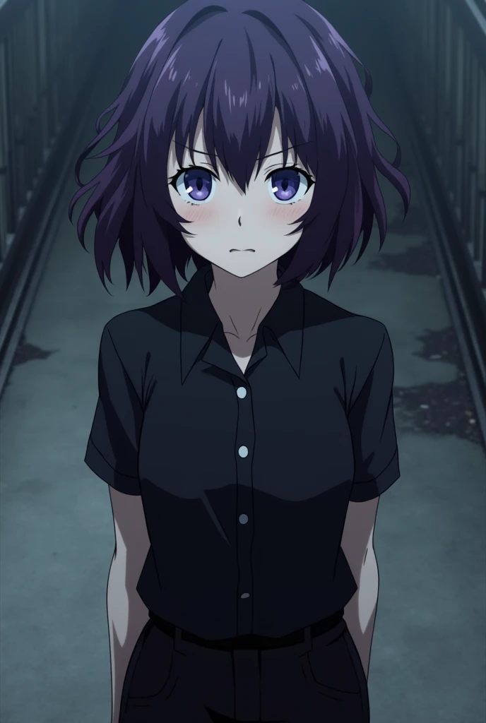 Screenshot of Kaiju no 8.
Dark purple hair girl, wavy and short with a fringe down to the eyes, He has blue eyes with purple and has a serious expression, He is wearing black pants and a black short-sleeved collared shirt..