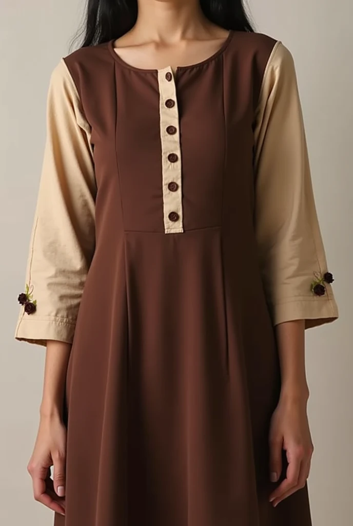 A open button full sleeve round kurti.Sleeve is beige colour & it has little rose on bottom of the sleeve that is chocolate colour. The whole body of the dress is chocolate colour...& the dress has a open button system & a slight divive on the bottom...the button color is chocolate.... Show me full image.....sleeve flower is more little