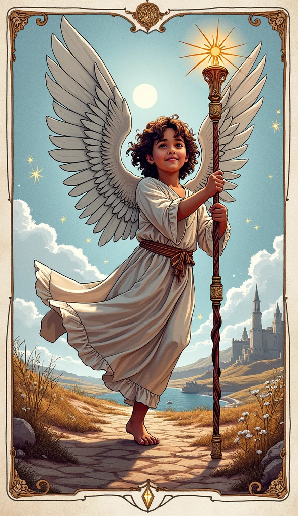 Create a hyper-realistic and artistically stunning image for the Page of Staffs in the Lumen Angelis Tarot deck. The scene centers on a young, vibrant angel, full of potential and curiosity, holding a single, glowing staff of light. The staff, taller than the angel, emits a warm, golden radiance with intricate celestial symbols carved into its length, symbolizing the beginning of a new journey or creative endeavor.
The angel is depicted in mid-step, as if about to embark on a great adventure. Their wings are slightly spread, ready to take flight at a moment's notice. They wear light, ethereal robes that flow gracefully around them, catching the light from the staff, creating a soft halo effect around their figure. The expression on the angel's face is one of eager anticipation, with wide eyes and a slight smile, embodying youthful enthusiasm and the promise of new opportunities.
The background is an open, sunlit landscape, with rolling hills and a clear blue sky dotted with a few wispy clouds. The ground beneath the angel is dotted with small, glowing orbs of light, representing seeds of potential that are ready to grow. In the distance, faint outlines of mystical cities or ancient ruins can be seen, hinting at the vast world of possibilities that lies ahead. The scene is bathed in warm, golden light, with long shadows stretching out behind the angel, giving a sense of time and space.
The overall image should convey a sense of optimism, new beginnings, and the excitement of setting out on a path filled with unknown wonders. The card should resonate with the traditional symbolism of the Rider-Waite Page of Wands, while being enriched by the divine and luminous elements that define the Lumen Angelis deck.