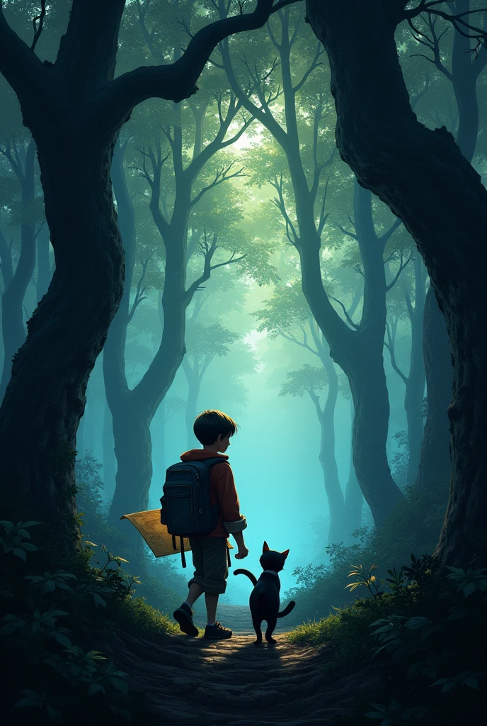 Rehan and his cat walking through a dense, shadowy forest. The trees are tall and the atmosphere is a mix of mystery and excitement. Rehan holds the map in one hand while his cat walks beside him.