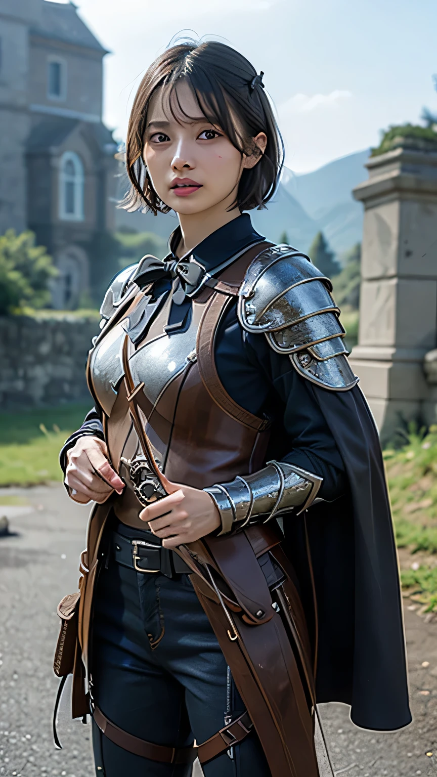 8k,A female adventurer from another world,so beautiful(Like the real thing),((Girl in leather armor:1.4))、Brown Hair,blue eyes,((Woman shooting a bow:1.5))、((Short-haired woman shooting with a stone crossbow:1.4))、A woman with brown combat trousers,Dagger on hip,Walking in mountainous areas,Perfect Face,Perfect hand shape,charm,Volume measurement,Body balance,超High resolution,super Realistic skin,Digital single-lens reflex camera, Soft lighting, high quality, Highly detailed face, Highly detailed eyes, highly detailed skin, skin, Scattered beneath the surface of the water, Highly detailed face, Highly detailed eyes, Beautiful expression, lip, Detailed Background, Written boundary depth, Small breasts、Volumetric lighting, Sharp focus, Absurd, Realistic proportions, Excellent anatomy, (Realistic, 超Realistic:1.4), 16k hdr, dawn,High resolution,super Realistic skin,super Beautiful expression,Fantasy art,Character Art,Dynamic pose,Compensate,Brown cloak,Carrying large luggage on your back,