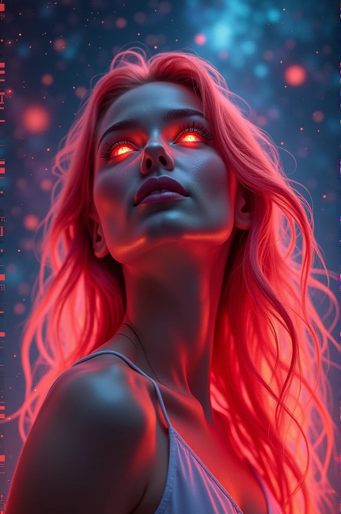 Beautiful young woman , red glowing hair , observing the galaxies around you , neon color mix 4k
