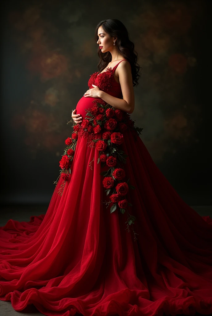 pregnant Woman red big gown , ref flower right and left both side , black background ,log dress . indoor shoot , gown made with the flowers flower flow in air and also drop on flour , flower in gown , flower gown , florel gown , wide view