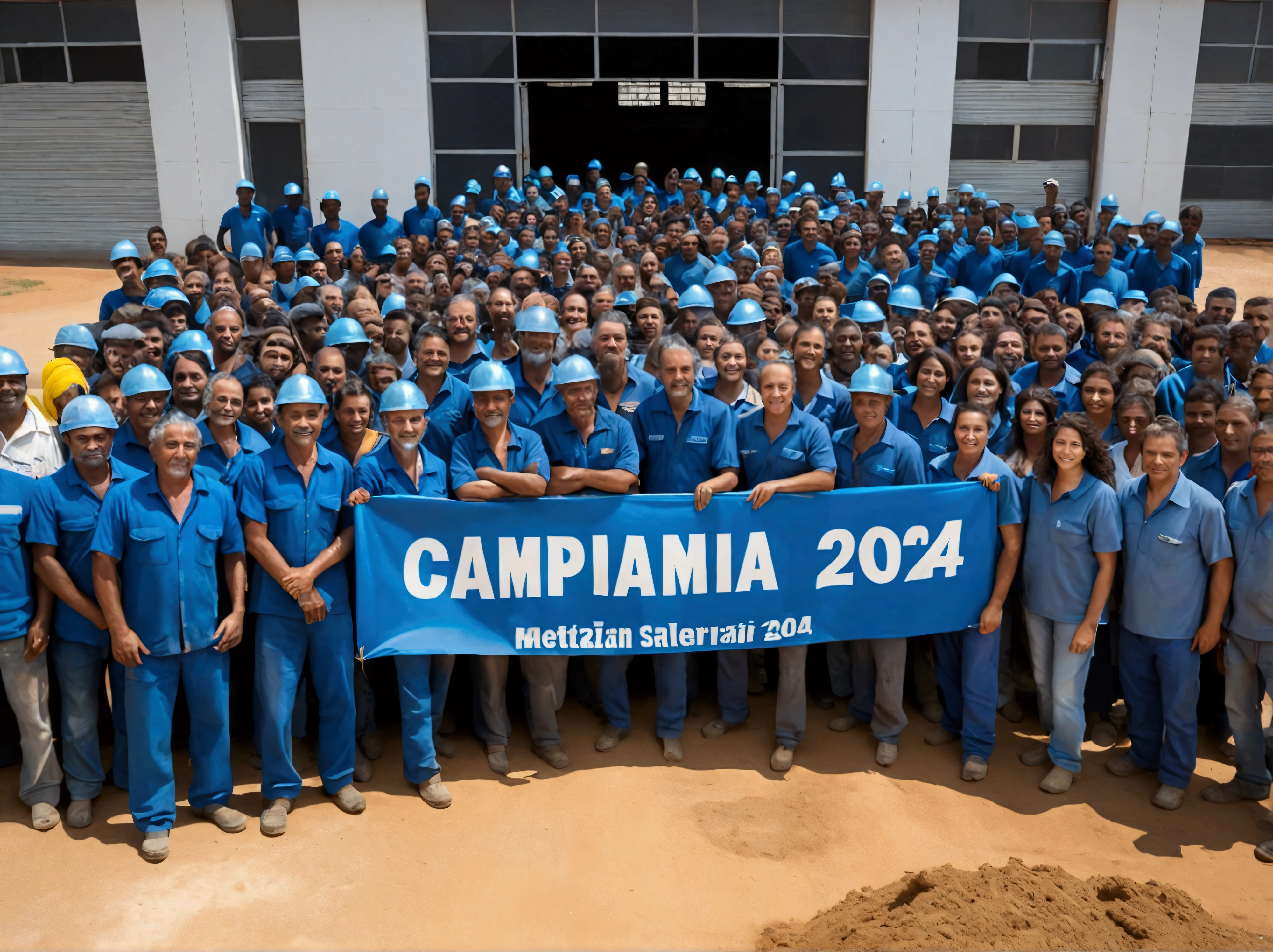 A high-definition Canon DSLR photo of a large group of Brazilian metalworkers, men and women, standing united in front of a modern factory. Their skin and uniforms are marked with dirt, and they hold a large blue banner with white text that reads "Campanha Salarial 2024" in Portuguese. In the background, more workers hold various banners and posters, adding depth and energy to the scene. The sharp image captures the determination on their dirt-streaked faces and the dynamic atmosphere of their collective struggle.