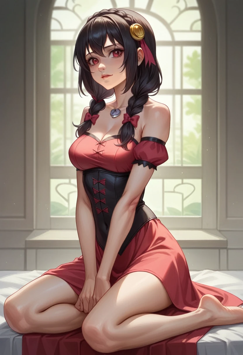 NSFW, masterpiece,Highest quality, Realistic, 8k, High resolution, Beautiful girl, A beautiful woman、White and beautiful skin、Black Hair,Braid, sexy、Baby Face、Showing the whole body、grab your chest yourself、Sitting flat、Shaved、A blessing to this wonderful world, Red Devils, Yunyun