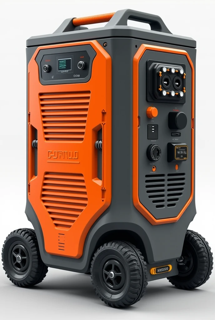 It has a control screen on the front, 4 230V socket inputs, and 4 USB ports and 3 Type-C inputs and is 60cm high. width 35cm. width 56cm. Power station with 4 wheels color is orange and gray 