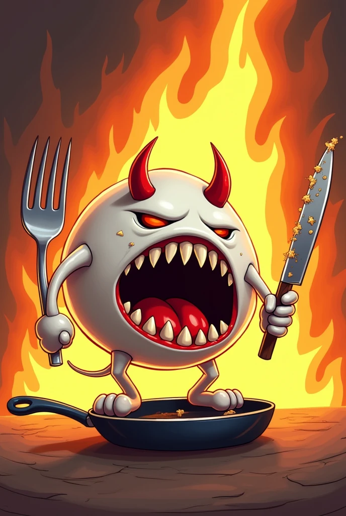 A white, round dish cartoon character . It has a fierce expression with a wide open mouth, revealing sharp teeth. It wears red evil horns and is holding a large fork in its left hand and a knife covered in food stains in its right hand. There are food remnants stuck in its teeth. A huge flame is in the background. It is wearing boots and its right foot is stepping on a pan. in Toy Story Style