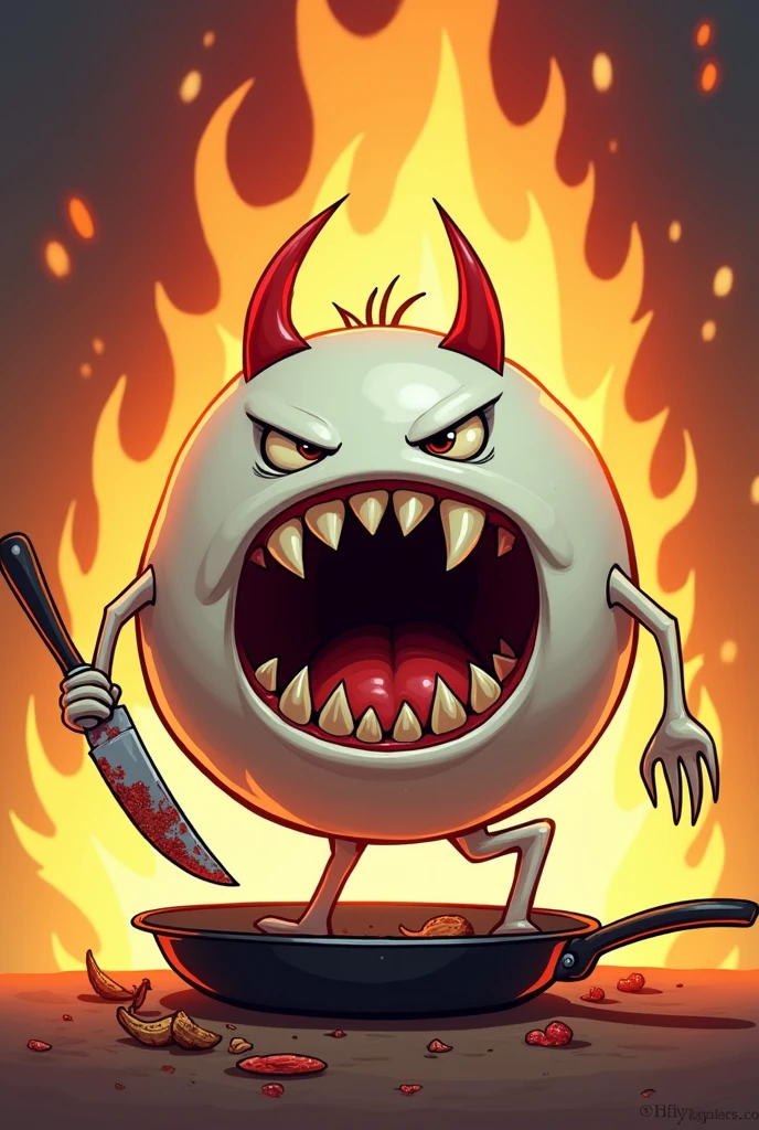 A white, round dish cartoon character . It has a fierce expression with a wide open mouth, revealing sharp teeth. It wears red evil horns and is holding a large fork in its left hand and a knife covered in food stains in its right hand. There are food remnants stuck in its teeth. A huge flame is in the background. It is wearing boots and its right foot is stepping on a pan. in Toy Story Style