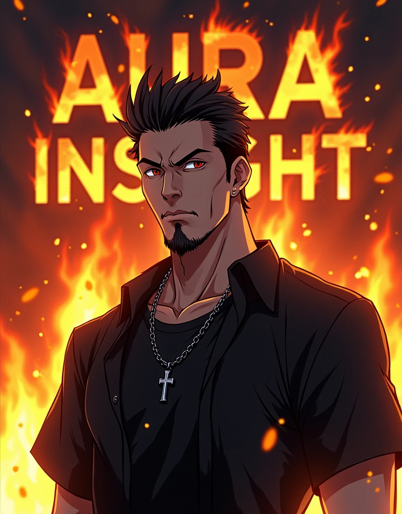 CREATE A ANIME STYLE LANDSCAPE IMAGE. Dramatic, high-intensity portrait featuring a man with a stern expression. He has a medium skin tone, short dark hair styled upwards, and a well-groomed beard. He is wearing a black shirt over a black t-shirt, accessorized with a black necklace that has a cross pendant. The background large capital text ((AURA INSIGHT)) is engulfed in flames, with sparks and embers flying, creating a sense of chaos and intensity. The overall color palette is dominated by fiery oranges and dark shadows, enhancing the dramatic effect of the scene.