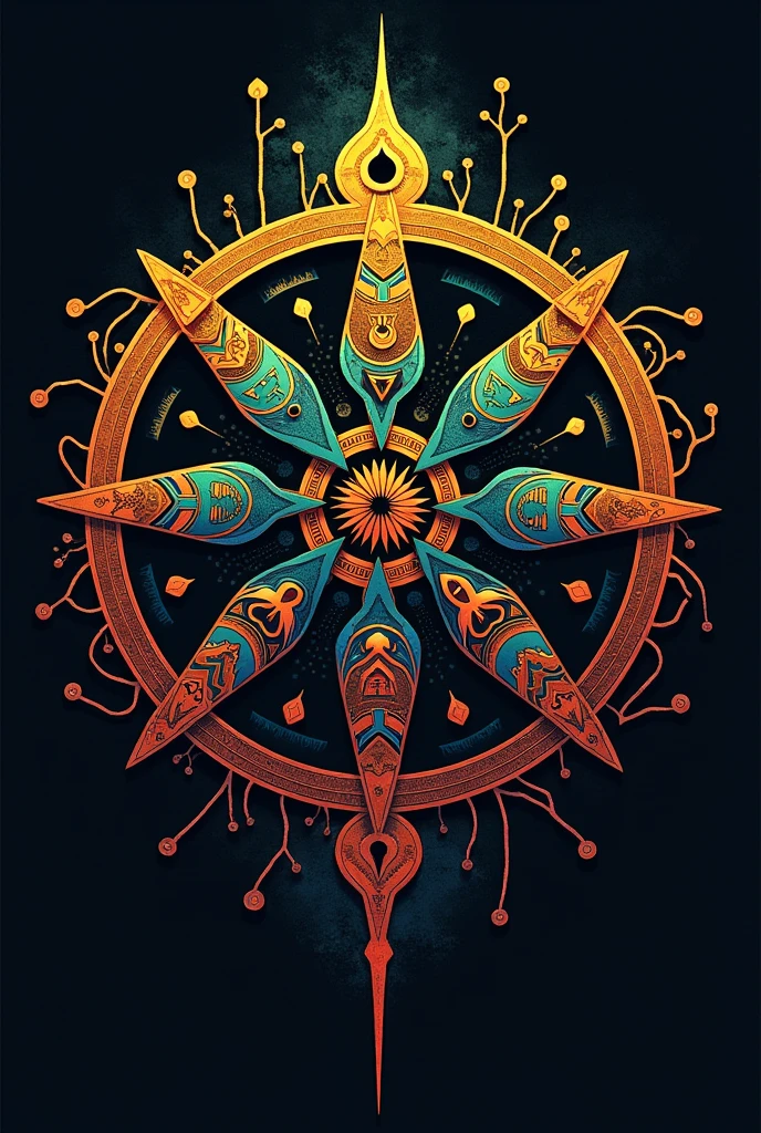 A creative logo with the 7 lines of Umbanda (Oxalá, yansa, Oxossi, Yemanja, enveloped, nana, Ogun and Oxum)