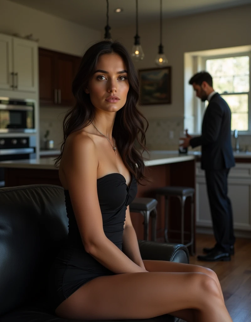 she is name ahu 20 years old (brunette) ,(tall woman),(long legs),single woman, chest 80 waist 60 hip 80 , G30,big normal breast,she is wear black strapless dress,A 30-year-old handsome man is wearing black suit , A 30-year-old handsome man is preparing coffe at kitchen and Ahu and the man are in a modern house, the house is a house with a modern American kitchen, that is, the kitchen and the living room are next to each other, there is a large black leather sofa in the living room and Ahu is sitting on the sofa and the man is preparing coffee in the kitchen. Ahu's face is visible. The man's head is seen from behind and he is looking at the ahu, and the ahu is looking at the man. We see the man from behind. Ahu and men walking city, the man's face is not visible at all, the man's back is visible, The camera shoots from a distance, the body of the man and the ahu is fully visible, the camera shoots from a distance, it shoots from behind the man, the camera shoots from 5 meters behind the man and the ahu. ,RAW, Nikon Z 85mm, award-winning glamor photography, ((best quality)), ((masterpiece)), ((realistic)), (long brunette hair), hazel eyes,intricate details, highly detailed, sharp focus, professional, 4k, stunning hazel eyes, delicate, innocent, high resolution, detailed facial features, high detail, sharp focus, soft , aesthetic, extremely detailed, photo_\(ultra\), photorealistic, realistic, post-processing, maximum detail, real life, ultra-realistic, photorealism, photography, 8k uhd, photography, russian face