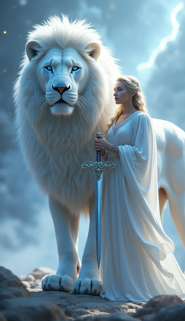 Generate a Super Ultra Realistic 8k image of a beautiful strong white lion with blue eyes, and by your side j. Angel of God with his light and his drawn sword