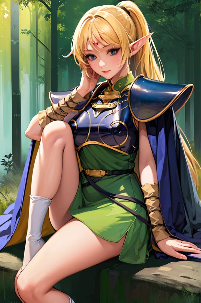 ((masterpiece、Highest quality、Super Fine、High resolution、Genuine、Sharp focus))、Face Light、((And yet delicate and beautiful))、Female Elf、Deedlit、((Blonde Hair))、((Ponytail)),Round face、Sexy figure、Blue and white armor、in the forest、Black knee-high socks、Fantasy Characters、((Large Breasts)),Sexy Costumes