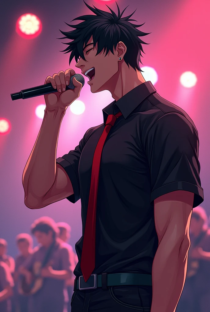 The atmosphere is like a girls' manga.。.、Grab the microphone、Slender, Muscular man singing passionately with eyes closed.、Oblique view、He is wearing a black short-sleeved shirt and a red tie.、Black Hair、20-year-old man、Real Anime、8k