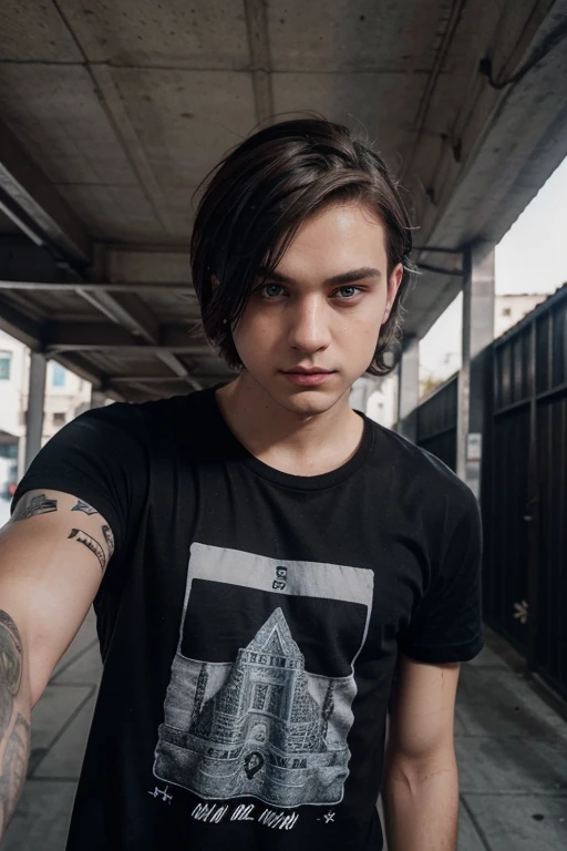 Polish emo boy 2 , gray blue eyes, very handsome looking at his Instagram follows foto de frente , black t-shirt Dark brown hair down to eyes very thin side combed emo style bebiendo mezcal 