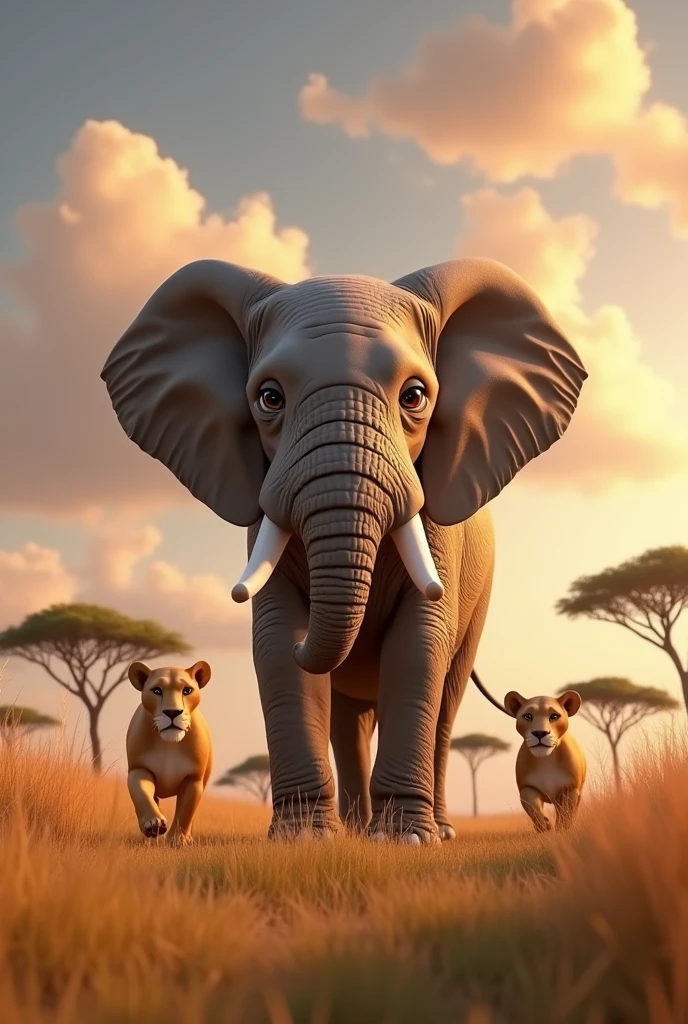 The lions back away.In3d animation a young elephant.