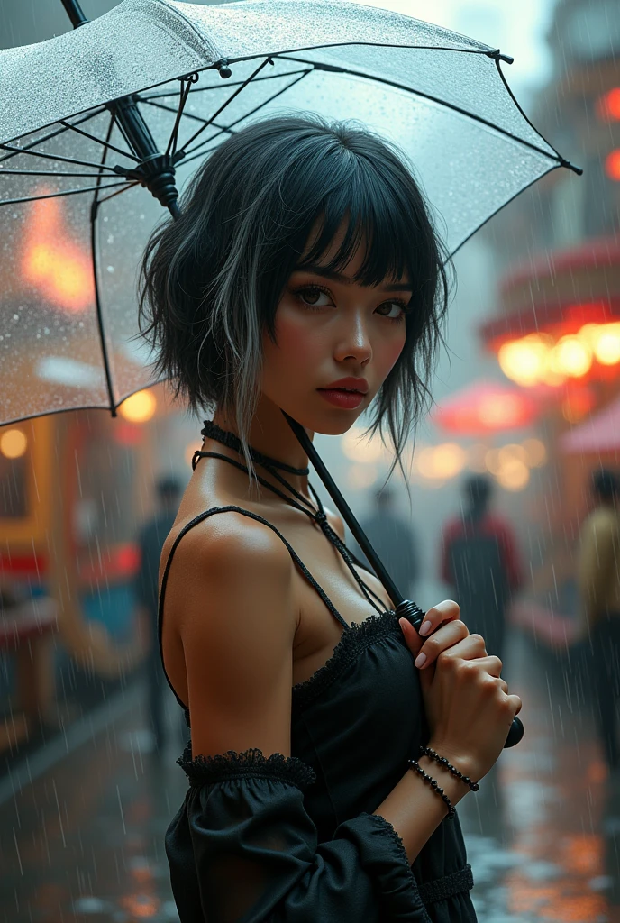 Beautiful woman with short black hair with straight silver highlights, brownish skin, with a transparent umbrella in hand on a rainy day and a fair with mechanical games in the background, thick build
