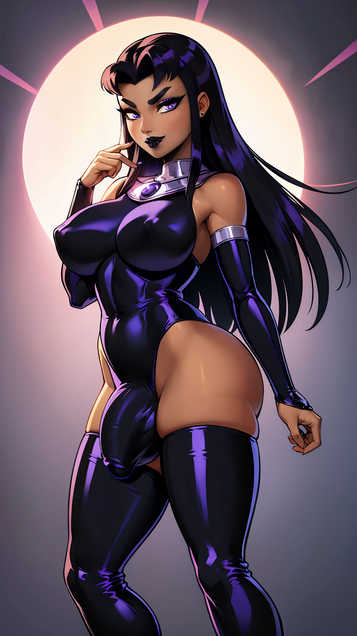 (solo:1.1),(masterpiece), (best quality:1.3),, highly detailed, intricate, professional art, digital art, absurdres, confidant, Blackfire, futanari Blackfire wearing an armored-leotard with armored-pants and armored-thigh-boots posing confidently in night-club,(armored-thigh-boots), (Blackfire silver armored sleeves),(detailed face), 1girl,(sadistic smirk), solo,(slender build),(Long legs:1.1),(broad shoulders), (long sleeves), black hair, (purple eyes colour), (dark tanned skin:1.4), wide hips, (aroused:1.2), (futanari:1.1), (makeup 1:1), (black lipstick:1.3), large penis, (huge crotch bulge:1.3), (Long crotch bulge:1.3), huge testicles, frontal view, universal lighting, small head,(Bubble Butt), gluteal crease,