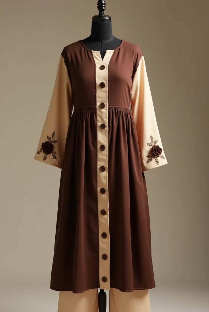A open button full sleeve round kurti.Sleeve is beige colour & it has little rose on bottom of the sleeve that is chocolate colour. The whole body of the dress is chocolate colour...& the dress has a open button system & a slight divive on the bottom...the button color is chocolate.... Show me full image.....